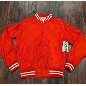 New Vintage 90s Action Snap Up Varsity Jacket Mens M Red Striped‎ Cuffs Lined